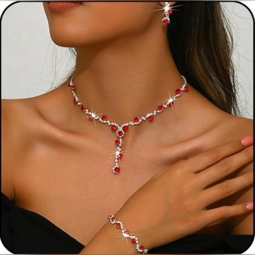 Red Crystal Necklace, Earrings and Bracelet Jewelry Set NWT